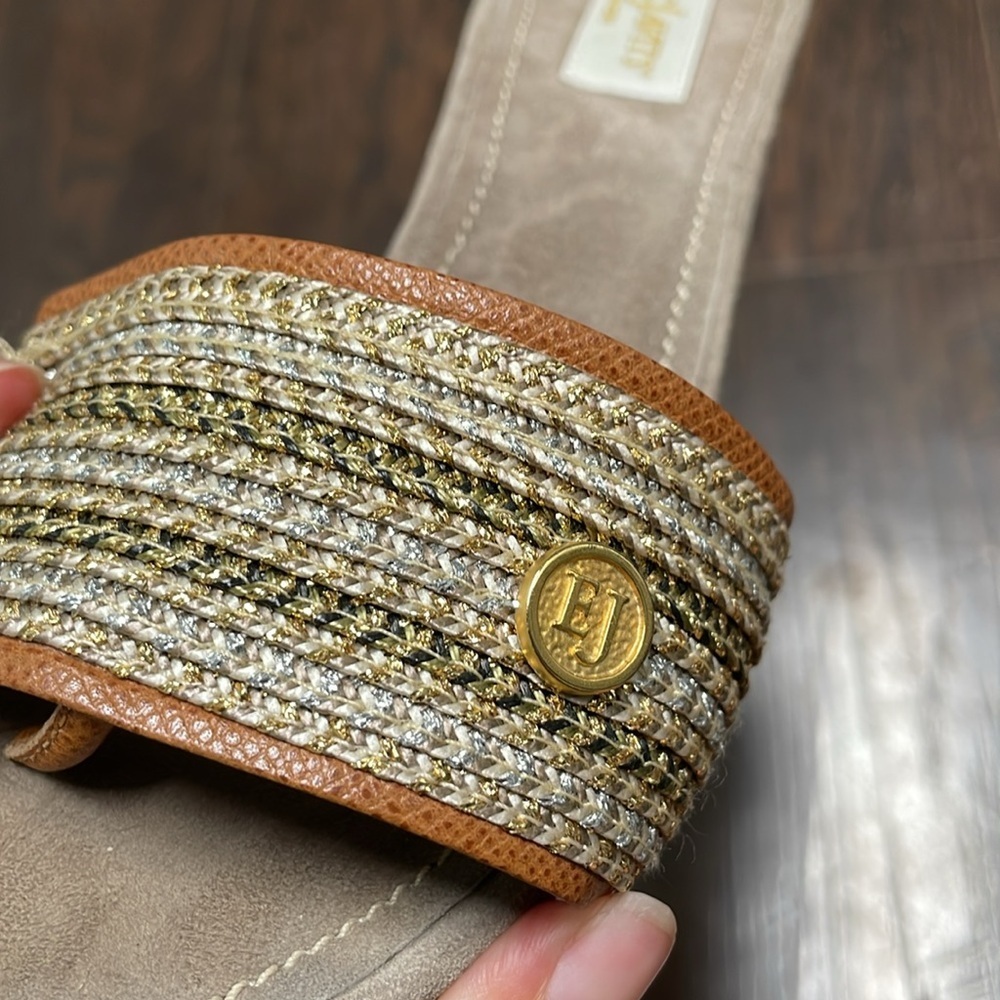 Eric Javits Tan and Gold Woven Slide Sandals - Picture 12 of 12